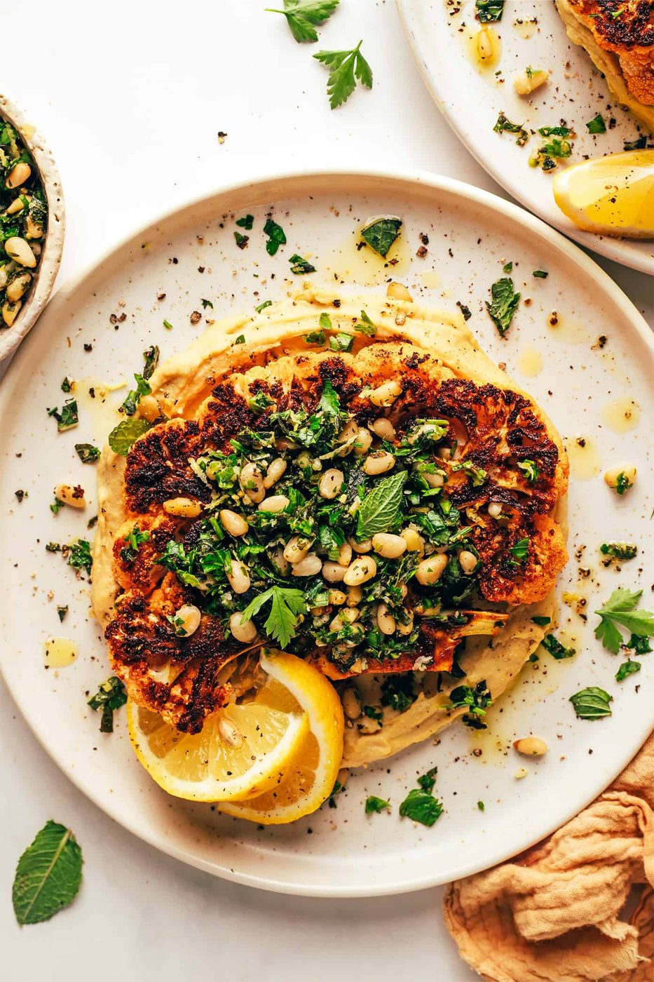 Cauliflower Steaks with Hummus and Gremolata at home