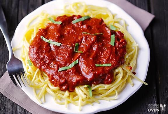 Pasta with Dark Chocolate Marinara Sauce at home