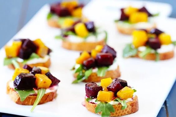Roasted Beet, Arugula, Goat Cheese & Honey Crostini