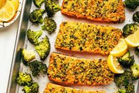 One Pan Crispy Honey Mustard Salmon and Roasted Broccoli