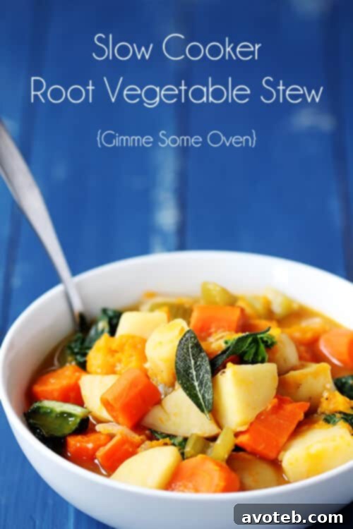 Slow Cooker Root Vegetable Stew (Gimme Some Oven) Overhead shot of Slow Cooker Root Vegetable Stew in a large serving bowl