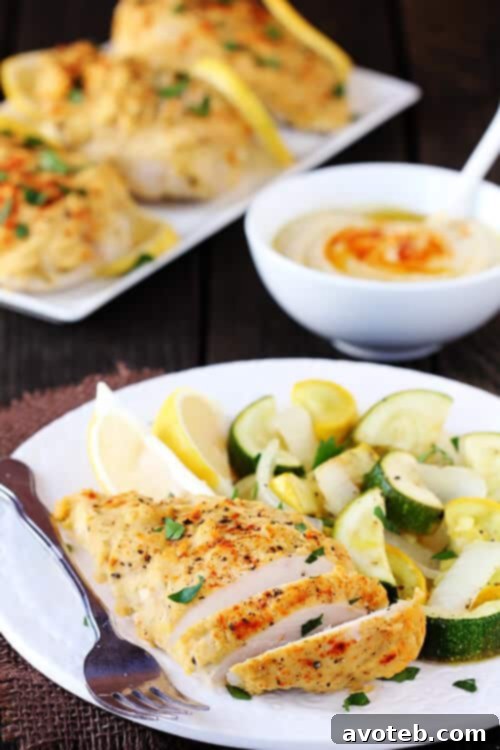 Quick & Easy Hummus Chicken Dinner for Four Individual serving of Hummus-Crusted Chicken on a plate with vibrant roasted vegetables