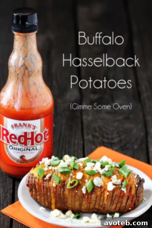 Buffalo Hasselback Potatoes - Recipe Details Close-up of crispy Buffalo Hasselback Potatoes topped with cheese and green onions