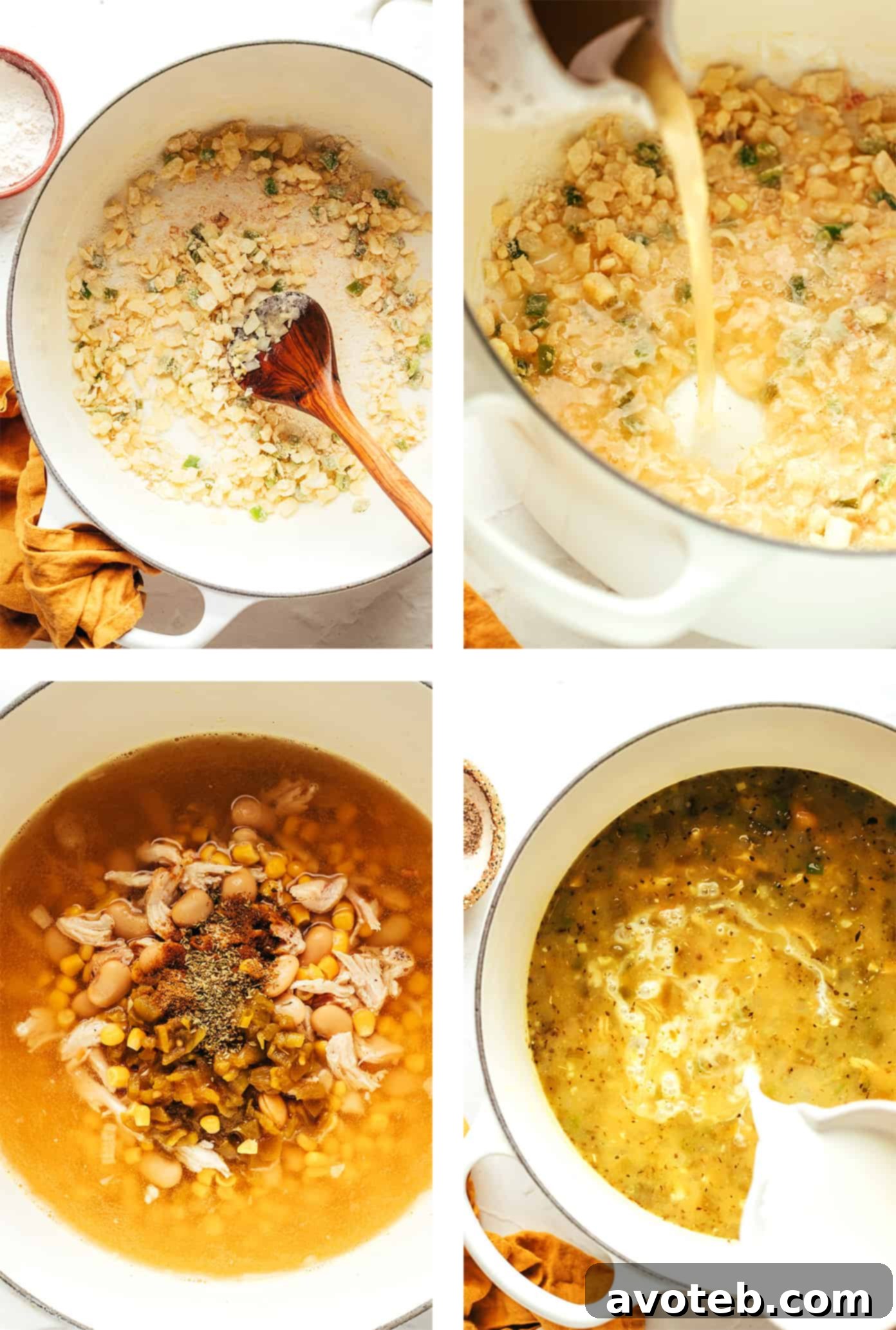 A bowl of white chicken chili with various garnishes like avocado, cilantro, and cheese.