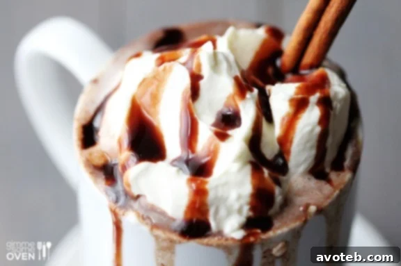 A steaming mug of Mexican Spiced Hot Chocolate, generously topped with fresh whipped cream and a delicate chocolate drizzle, resting on a rustic wooden surface with warm lighting.