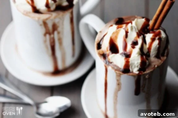 Two cozy mugs of Mexican Spiced Hot Chocolate, one adorned with whipped cream, cooling on a wooden table, with gentle steam rising, creating an inviting atmosphere.