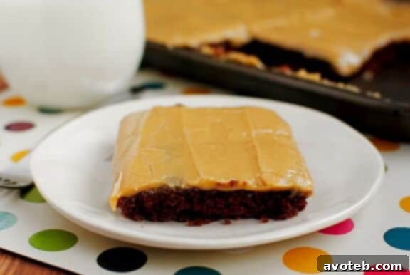 Sliced chocolate peanut butter sheet cake on a serving plate