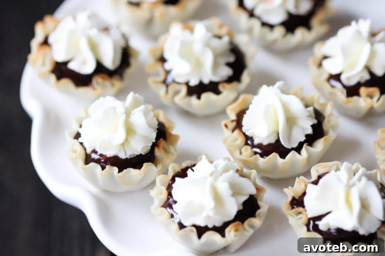 A selection of Mexican Spiced Dark Chocolate Tarts, garnished with whipped cream and a light dusting of cinnamon.