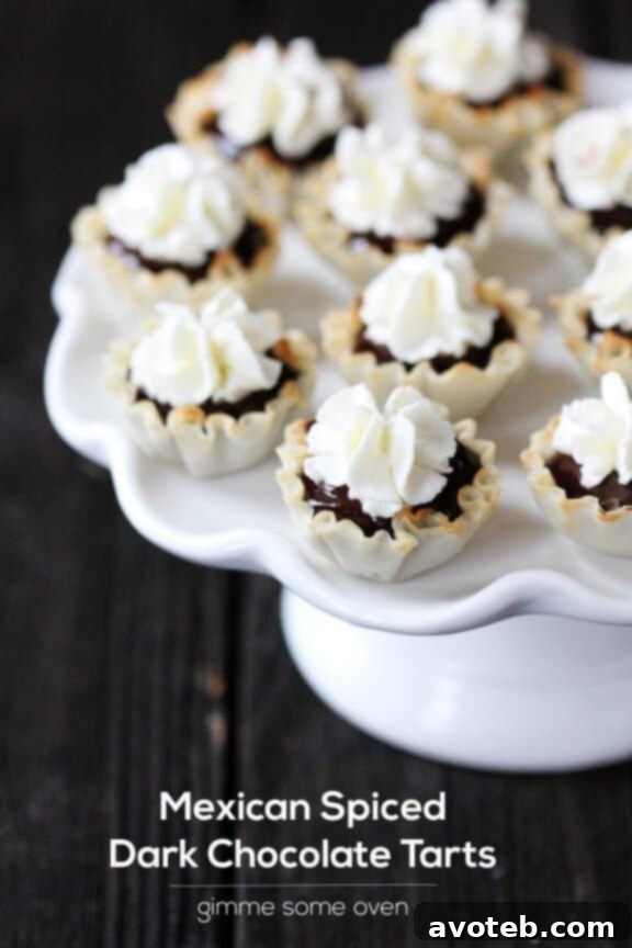 Artfully arranged Mexican Spiced Dark Chocolate Tarts, garnished with whipped cream and a delicate chocolate curl.