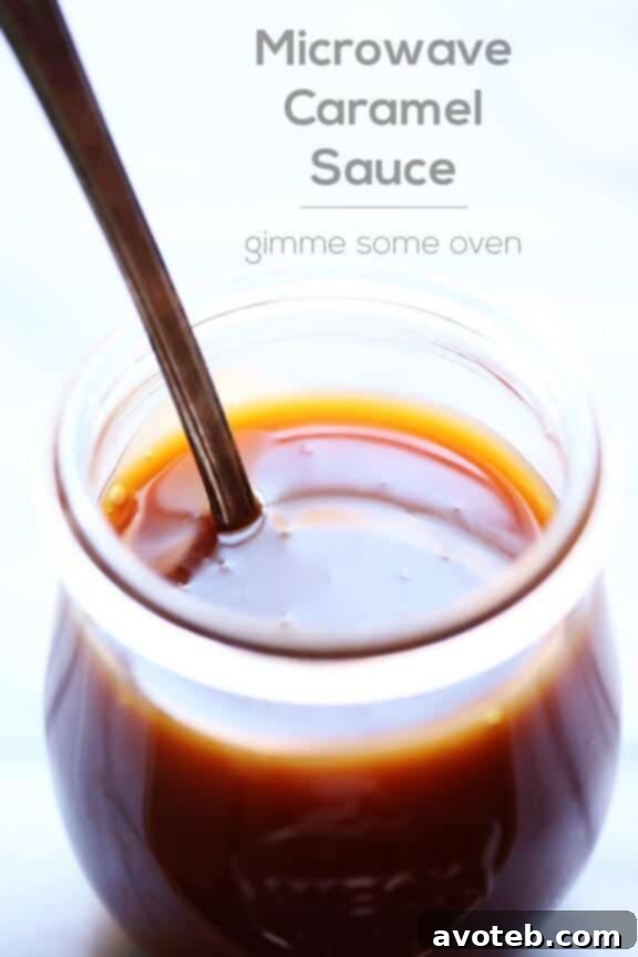 Close-up of golden Microwave Caramel Sauce drizzled on a dessert