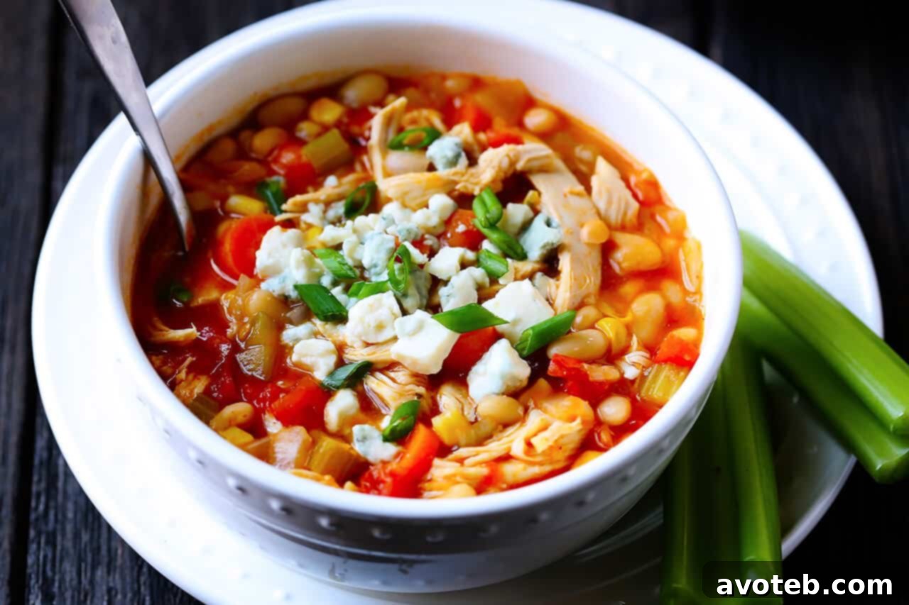 Buffalo Chicken Chili with blue cheese and green onions