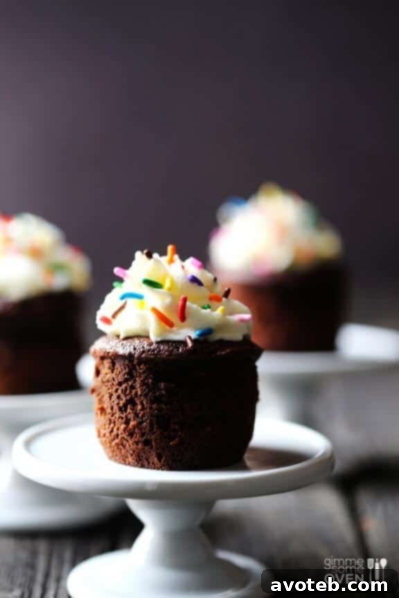 Close-up of a Mini Flourless Chocolate Cake with a dollop of whipped cream and sprinkles.