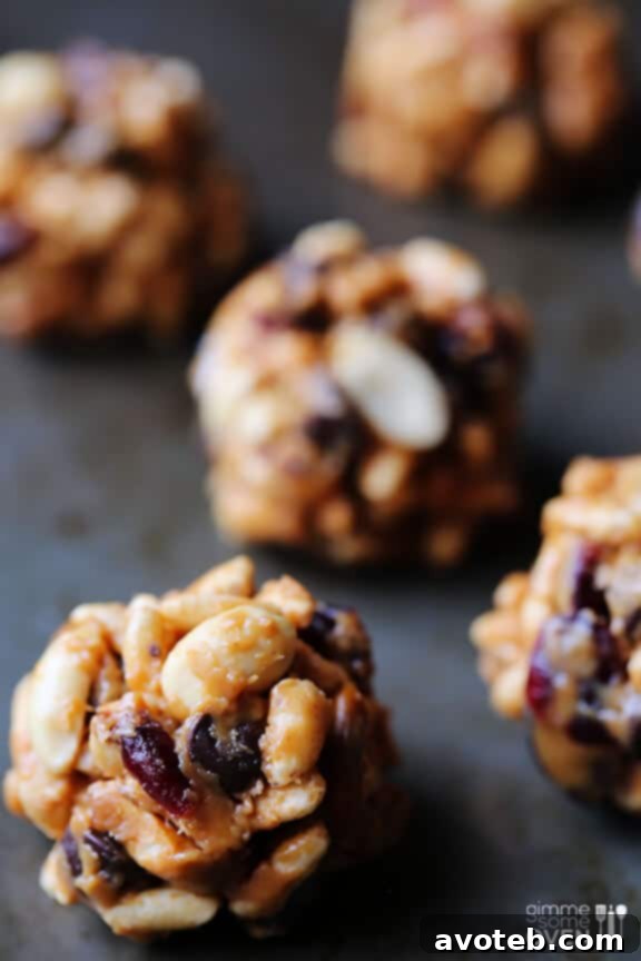 Close-up of a Trail Mix Energy Bite showing the pretzel pieces.