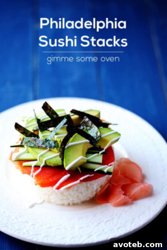 The Philadelphia Stack 8 Stacked sushi presentation with a focus on fresh ingredients and vibrant colors