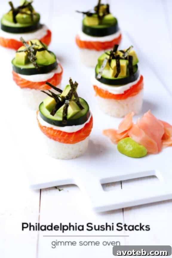 The Philadelphia Stack 9 Final presentation of multiple Philadelphia Sushi Stacks, ready for enjoyment
