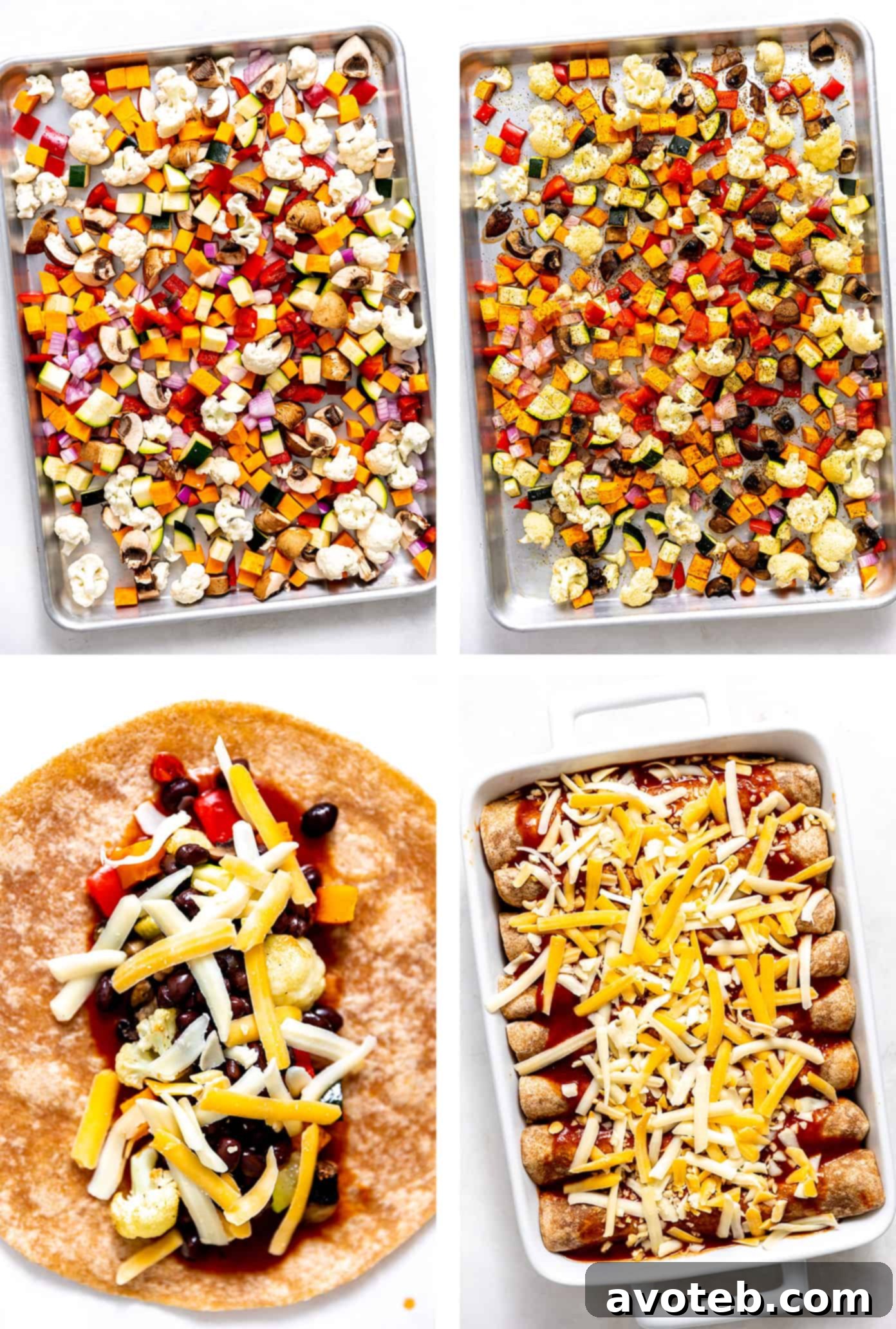 Step by step photos showing how to make roasted veggie enchiladas