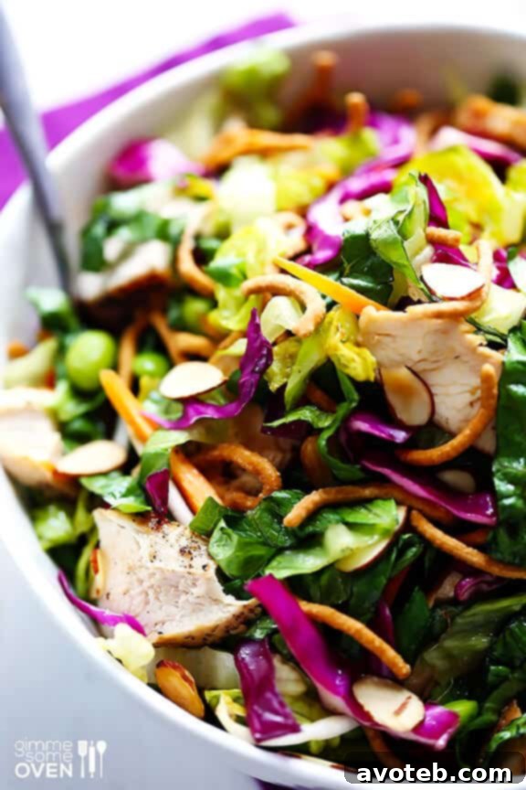 A bowl of Lighter Chinese Chicken Salad, ready to be served.