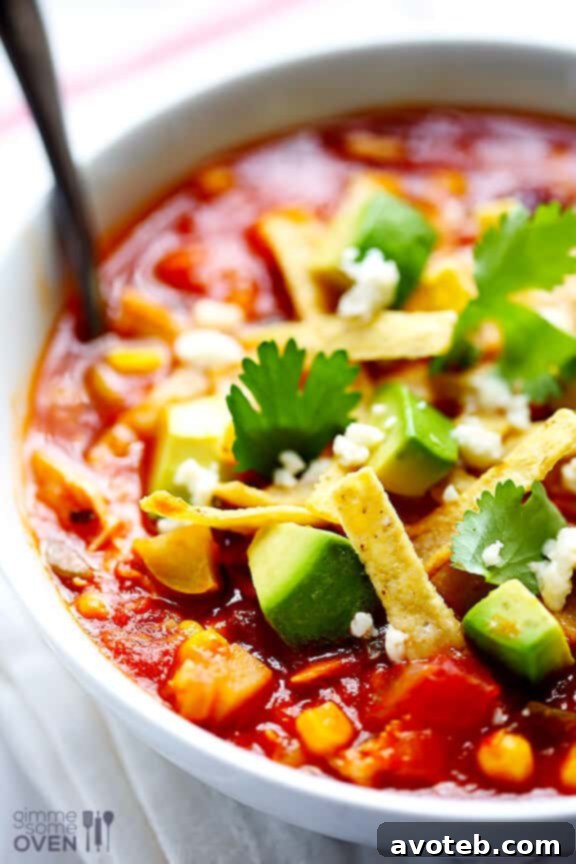 Top-down view of Chipotle Chicken and Rice Soup ready to be served