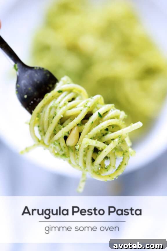 Overhead view of Arugula Pesto Pasta, showing its simple elegance.