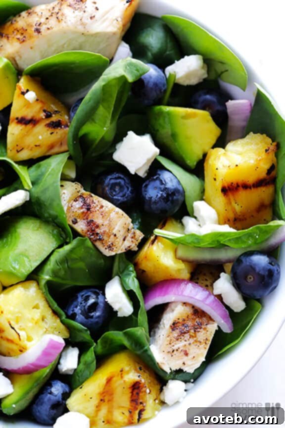 Delicious grilled chicken and pineapple with avocado.