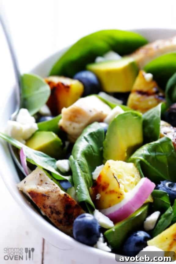 Serving suggestion for Grilled Pineapple, Chicken & Avocado Salad.