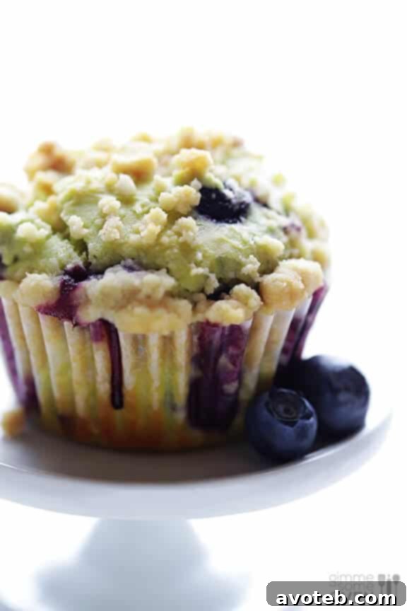 Close-up shot of a plate of freshly baked blueberry avocado muffins, showcasing their golden-brown tops and moist interior.