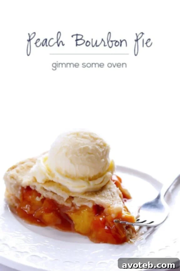 Close-up of a generous slice of Peach Bourbon Pie on a plate