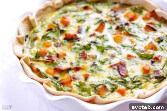 Butternut Squash, Arugula, and Bacon Quiche - Easy Seasonal Recipe