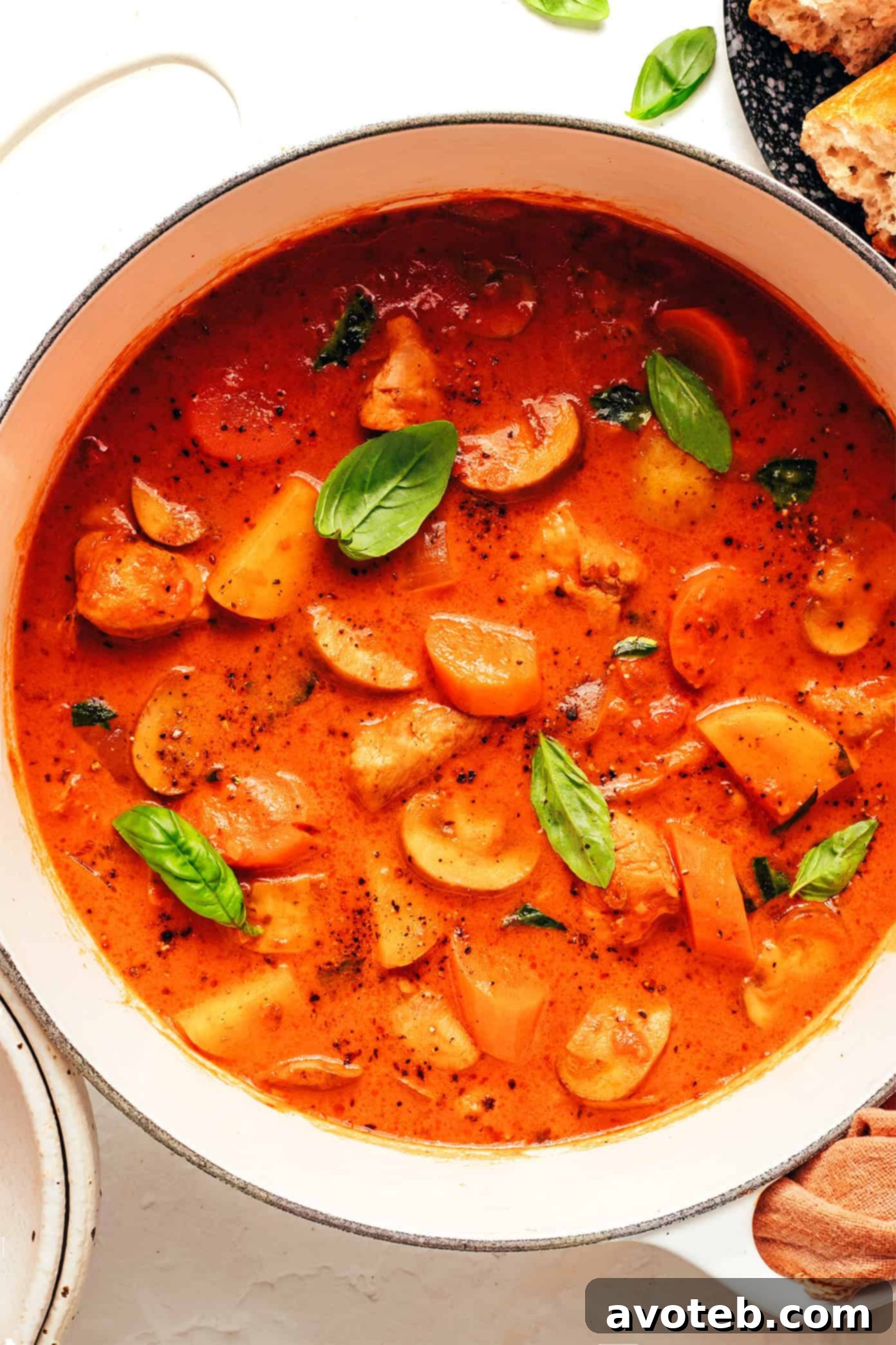 tomato basil chicken stew in pot