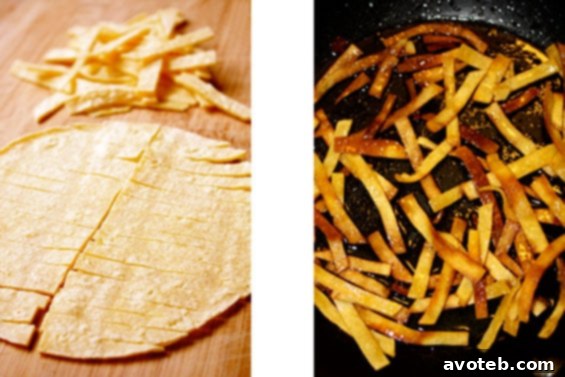 Crispy homemade tortilla strips, perfect for topping chicken tortilla soup.