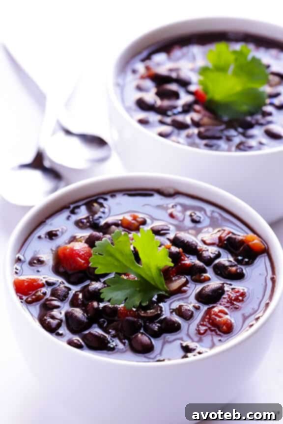 Bowl of black bean soup garnished with fresh cilantro, ready to be enjoyed.