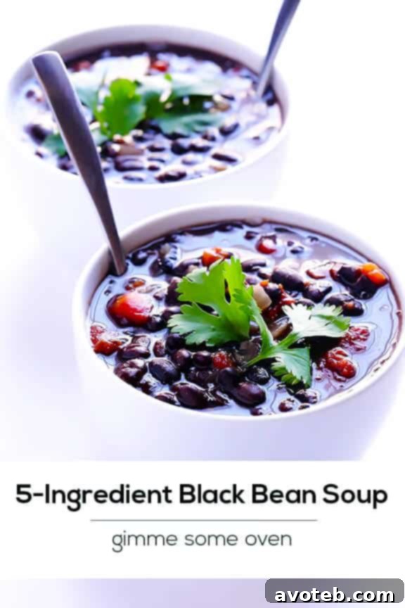 Finished bowl of 5-Ingredient Black Bean Soup, garnished and ready for a meal.