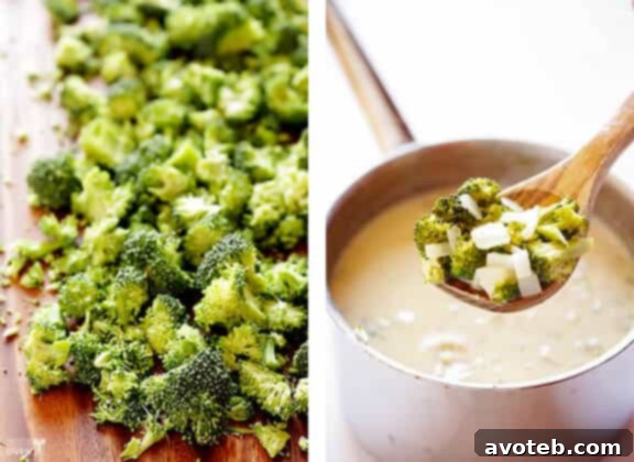 All five simple ingredients for Broccoli Cheese Soup – broccoli, onion, evaporated milk, chicken stock, and cheddar – tossed together in a saucepan, ready to cook.