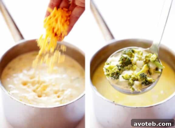 The 5-Ingredient Broccoli Cheese Soup simmering gently in a saucepan, showing the broccoli and onion softening in the stock before the creamy evaporated milk and cheese are added.