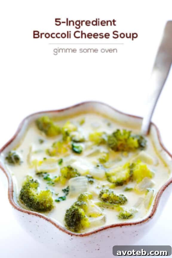 A close-up shot of the rich, creamy texture of 5-Ingredient Broccoli Cheese Soup, ready to be enjoyed as a comforting meal.