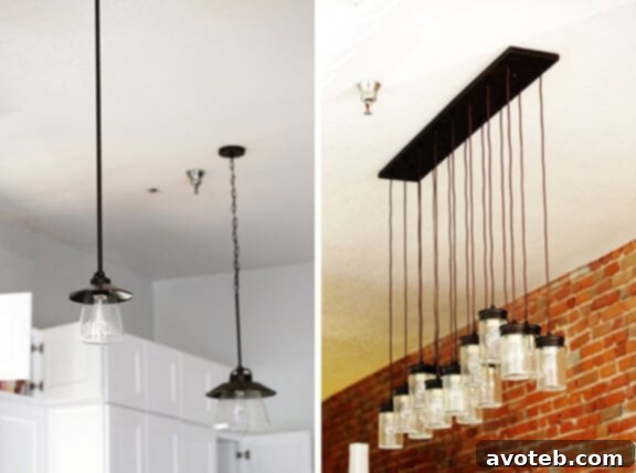Newly installed kitchen lights, illuminating the modern kitchen space, contrasting with the dark background.