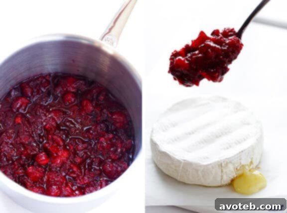 Cranberry Pistachio Baked Brie Recipe Fresh cranberries, sugar, water, and orange zest simmering in a saucepan.
