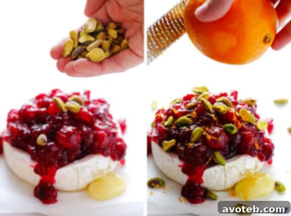 Cranberry Pistachio Baked Brie Recipe A wheel of brie baking in the oven on parchment paper.