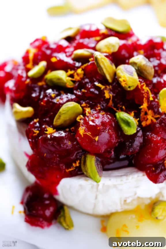Cranberry Pistachio Baked Brie Recipe Finished Cranberry Pistachio Baked Brie, drizzled with sauce and sprinkled with nuts.