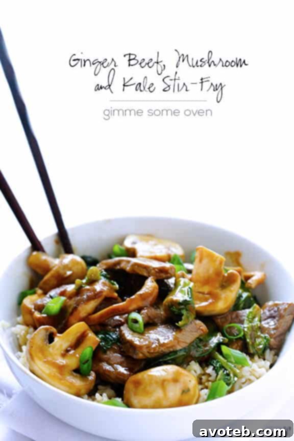 Savory Ginger Beef Stir-Fry with Mushrooms and Kale 10 Ginger Beef, Mushroom & Kale Stir-Fry, ready to serve