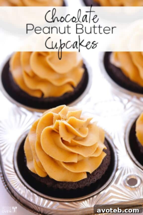 Decadent Chocolate Peanut Butter Cupcakes 5 A selection of Chocolate Peanut Butter Cupcakes arranged artistically.