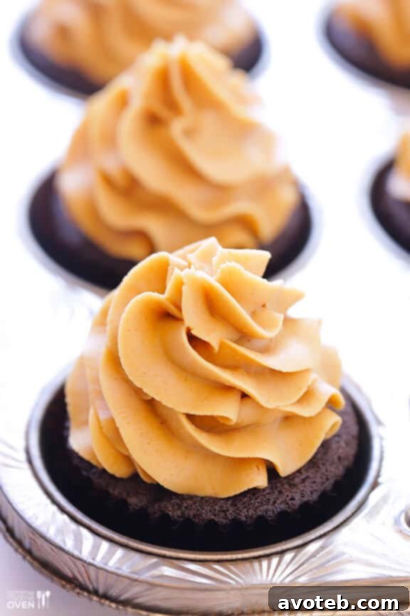 Perfectly Frosted Chocolate Peanut Butter Cupcakes Close-up of freshly baked Chocolate Peanut Butter Cupcakes, beautifully frosted.