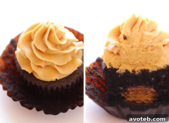 Chocolate Peanut Butter Cupcake with Surprise Inside A finished Chocolate Peanut Butter Cupcake with swirled frosting, cut open to reveal the Reese's surprise.