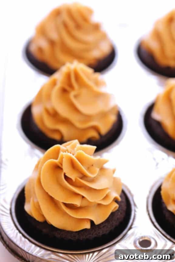 Swirled Peanut Butter Frosting Close-up of a beautifully swirled peanut butter frosting on a chocolate cupcake.