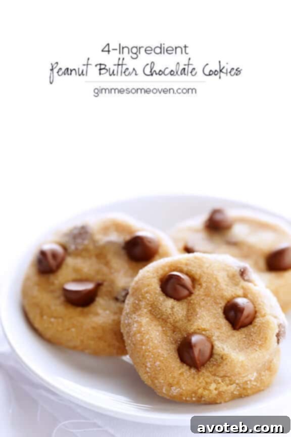 A plate of golden brown 4-Ingredient Peanut Butter Chocolate Chip Cookies