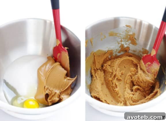 Mixing peanut butter, sugar, and egg for 4-Ingredient Peanut Butter Chocolate Chip Cookies