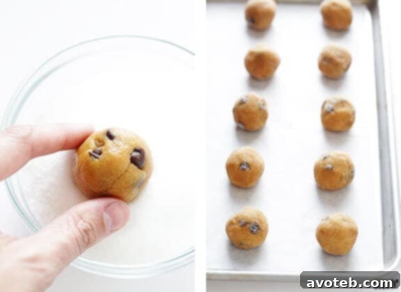 Rolling 4-Ingredient Peanut Butter Chocolate Chip Cookie dough into balls