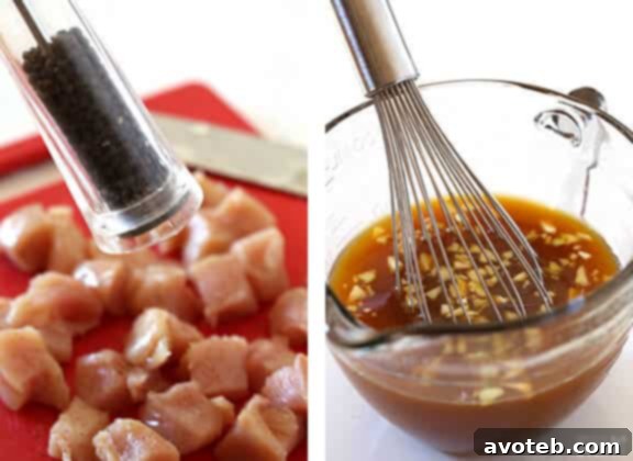 Skinny Orange Chicken Recipe | gimmesomeoven.com #newyears #chicken #recipe Ingredients for homemade Skinny Orange Chicken, including chicken breast, fresh oranges, and sauce components.
