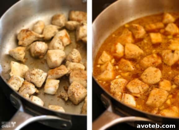 Skinny Orange Chicken Recipe | gimmesomeoven.com #newyears #chicken #recipe Chicken breast pieces sautéing in a pan, getting a beautiful golden-brown color.
