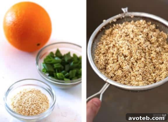 Skinny Orange Chicken Recipe | gimmesomeoven.com #newyears #chicken #recipe Skinny Orange Chicken simmering in its thick, glossy sauce, ready for garnish.